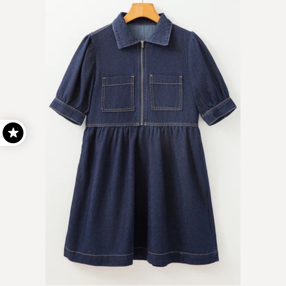 Classic Short-Sleeve Denim Mini Dress - Navy - Picture 4 of 7